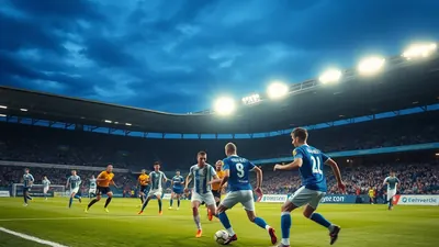 A tense Eliteserien match-up on a rain-slick stadium pitch, Sandefjord in plain teal shirts and white shorts versus...