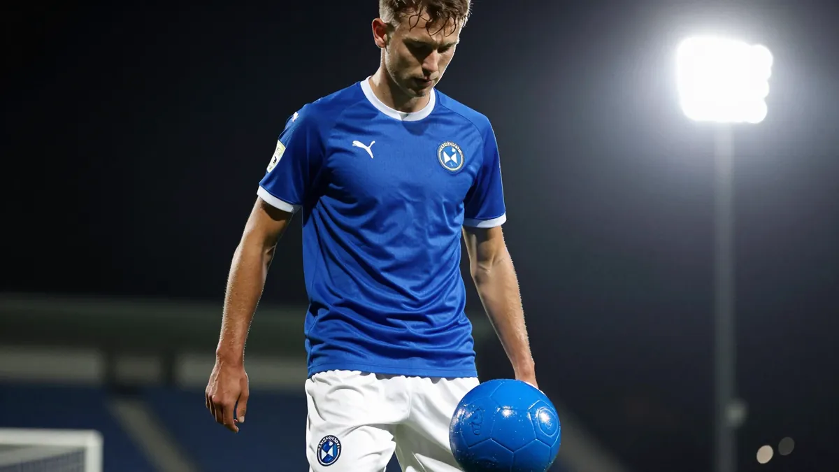 A photorealistic image of a 26-year-old Sandefjord FC midfielder, wearing a blue jersey and white shorts, with a blue...