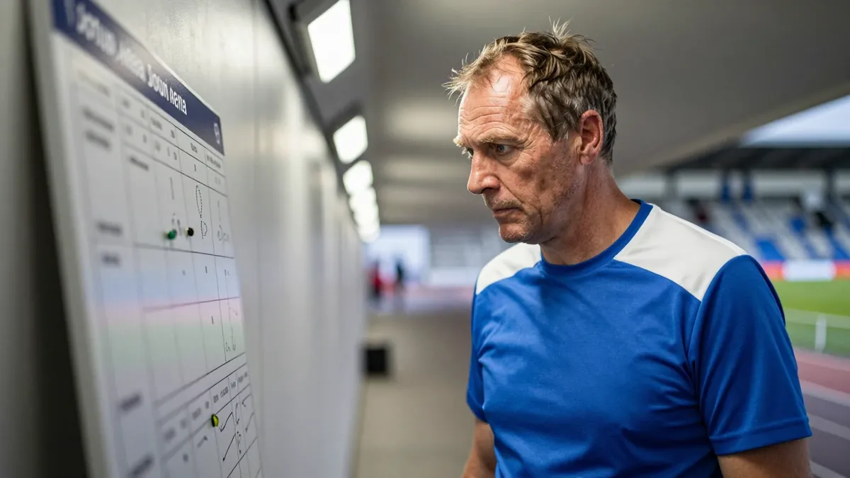 A 35-year-old, 5'10" Norwegian coach with a weathered face and receding hairline, wearing a plain blue and white...