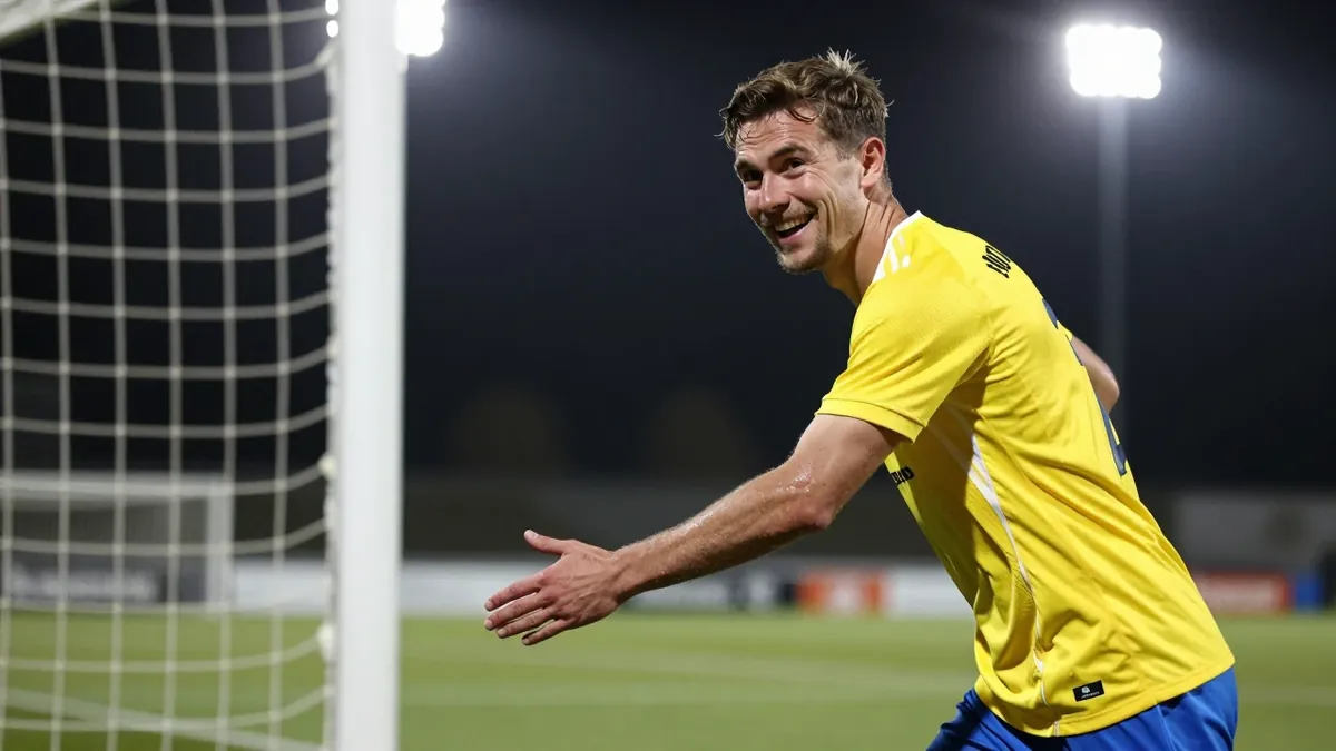 A photorealistic image of an anonymous Sandefjord player in his mid-twenties, wearing a yellow jersey with a white stripe...