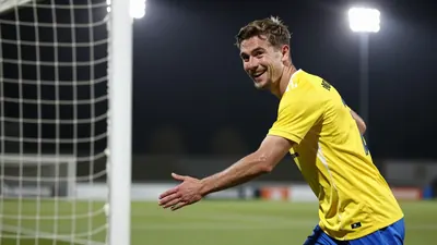 A photorealistic image of an anonymous Sandefjord player in his mid-twenties, wearing a yellow jersey with a white stripe...